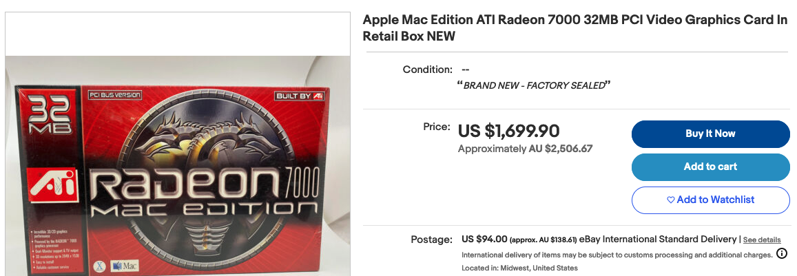 Apple Mac Edition ATI Radeon 7000 32MB PCI Video Graphics Card In Retail Box NEW - for only AU$2500
